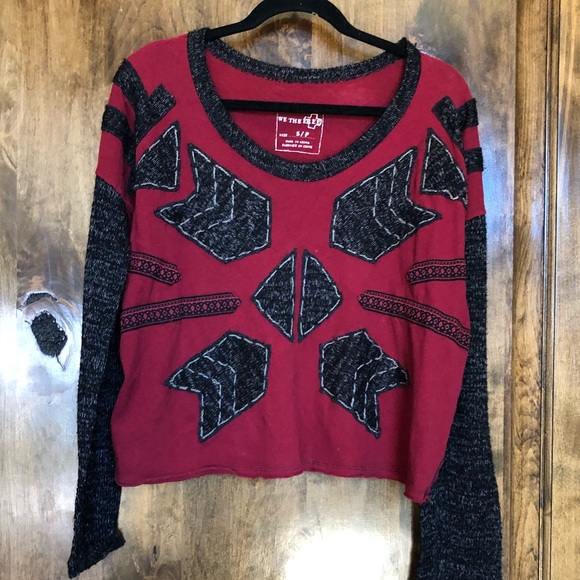 Free People Sweaters - Free People Red and Black Applique Sweater Size S